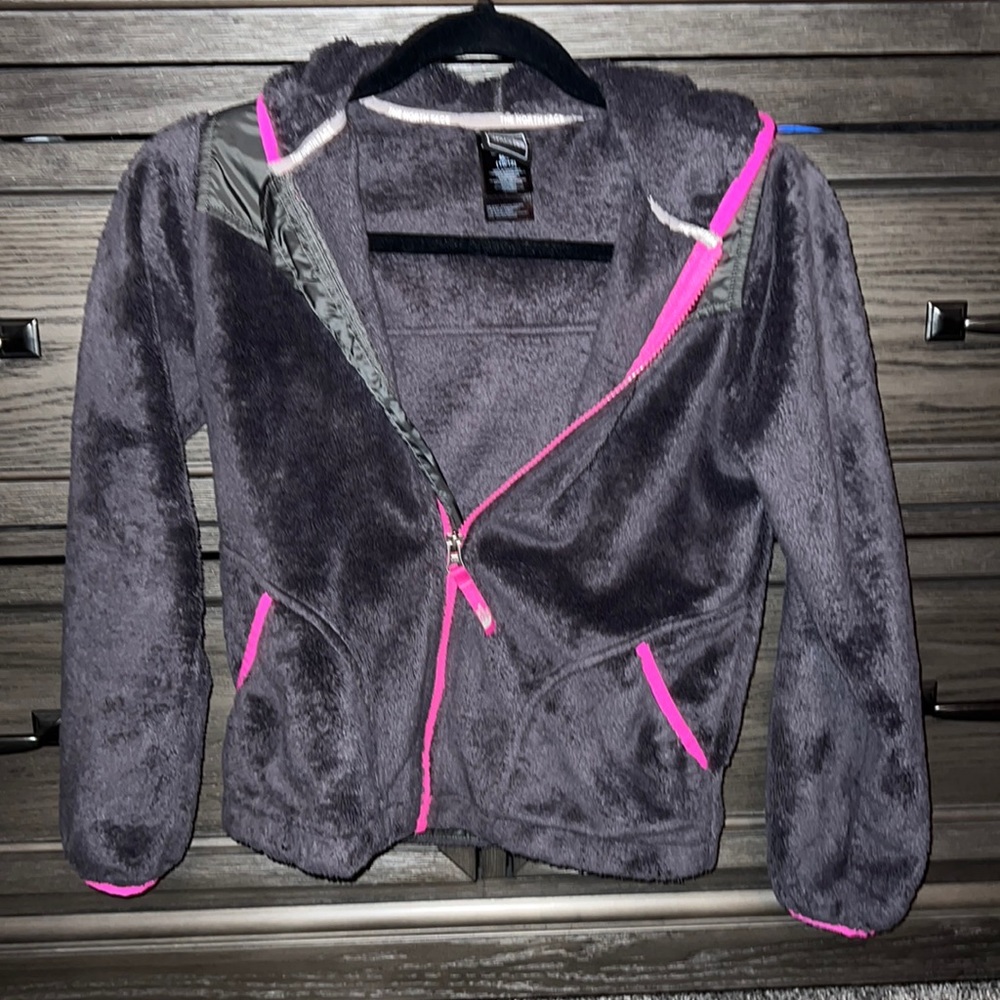 Dark Gray and Pink North Face fuzzy jacket